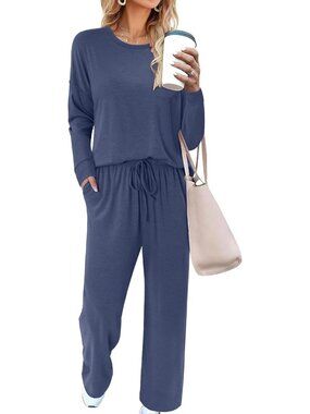 Women's Blue Two Piece Sets Casual Travel Vacation Sweatsuits Wide Leg Pants